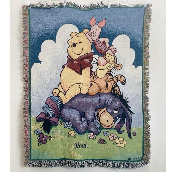 Vtg DISNEY CLASSIC Winnie The Pooh Tigger Piglet Tapestry Woven Throw Blanket Fr - Picture 1 of 13